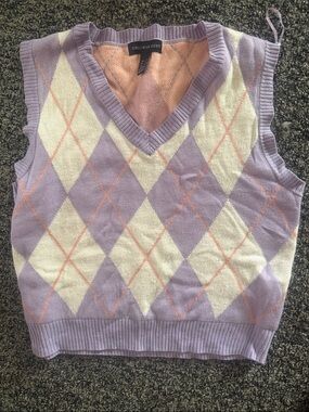 Streetwear Society Lavender Argyle V-Neck Sweater Vest with Cream & Pink Accents